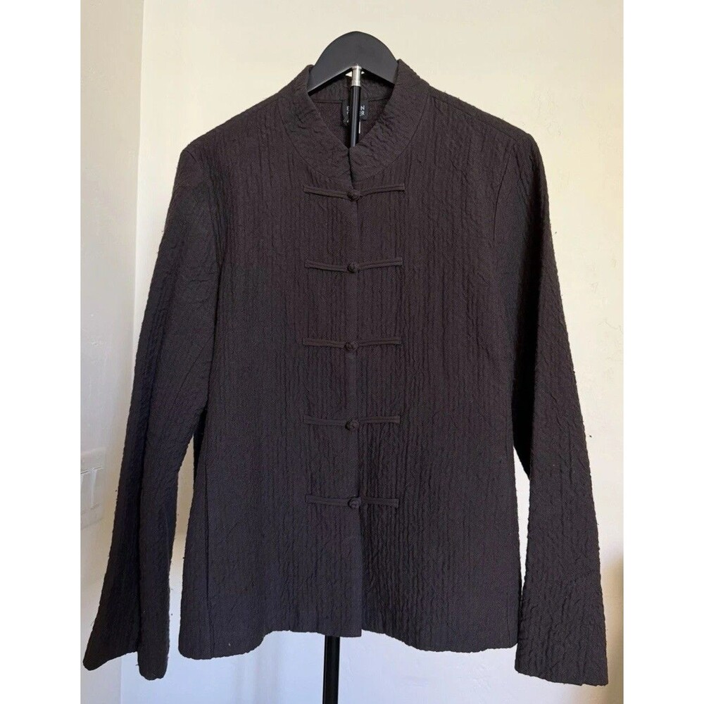 Eileen Fisher L Puckered Wool Linen Frog Closure Mandarin Collar Jacket Brown